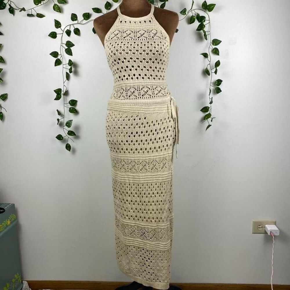 Lulu’s Cream halter top crochet maxi dress sheer mesh upcycled boho chic beachy
